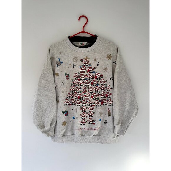 90s vintage grey christmas tree santa holiday graphic collared pullover sweater - Picture 8 of 9